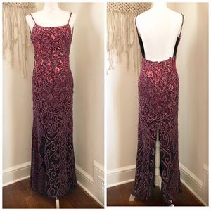 Mia Bella Pink Black Beaded Lace Gown